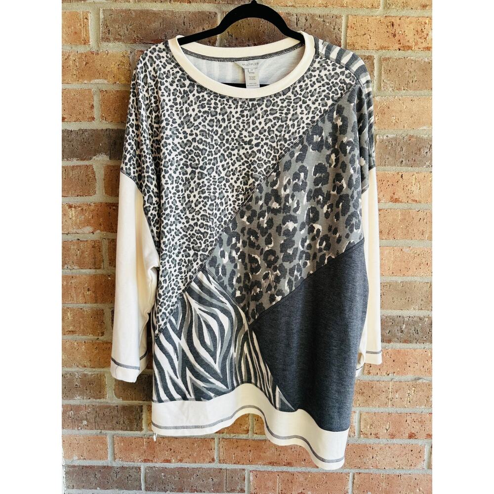 Multiples Women's Cream Cheetah Stretch 3/4 Sleeve Round Neck Knit Tops Size 3X